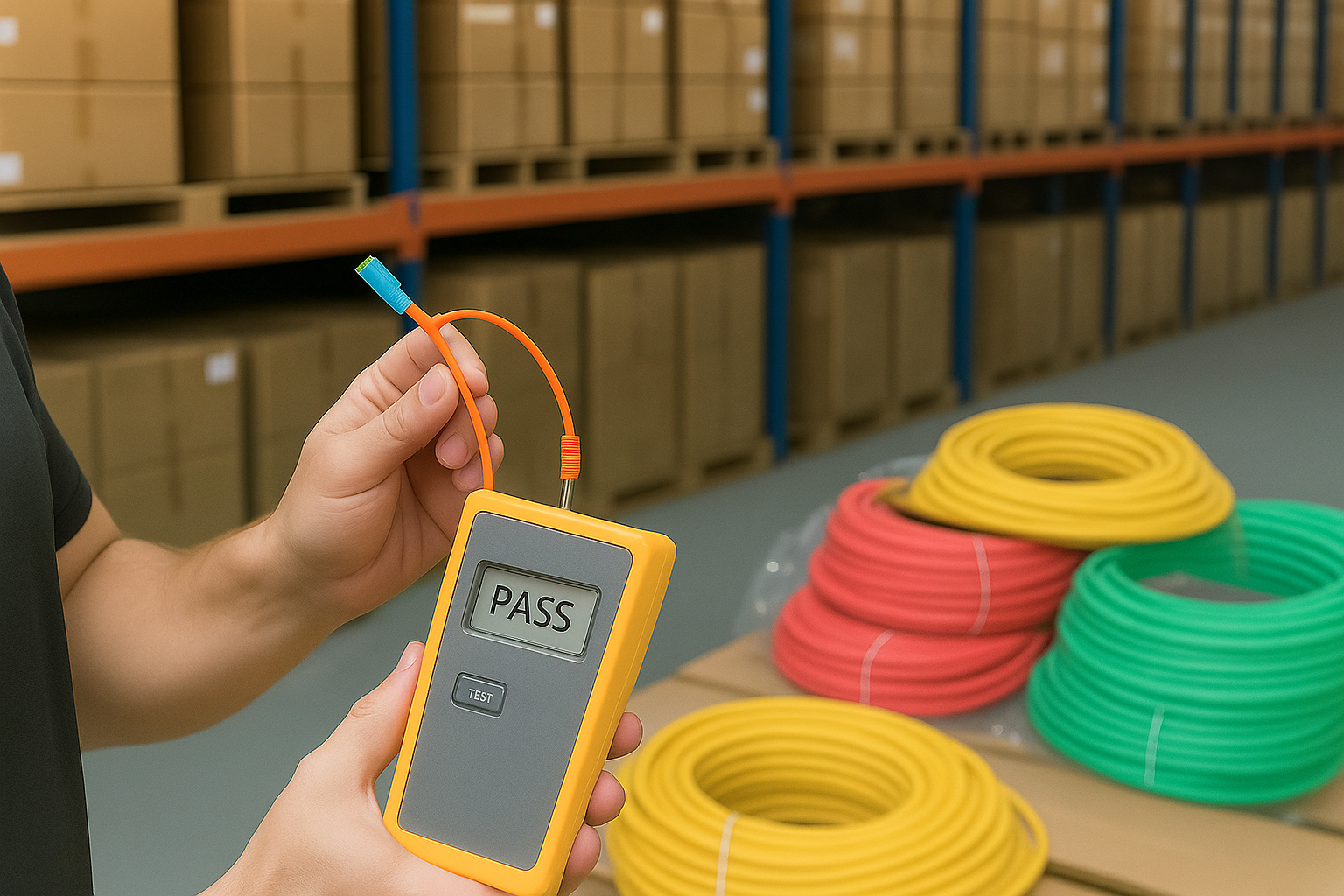 Quality assurance technician using handheld fiber optic test equipment showing PASS result, with color-coded cable coils in manufacturing facility background
